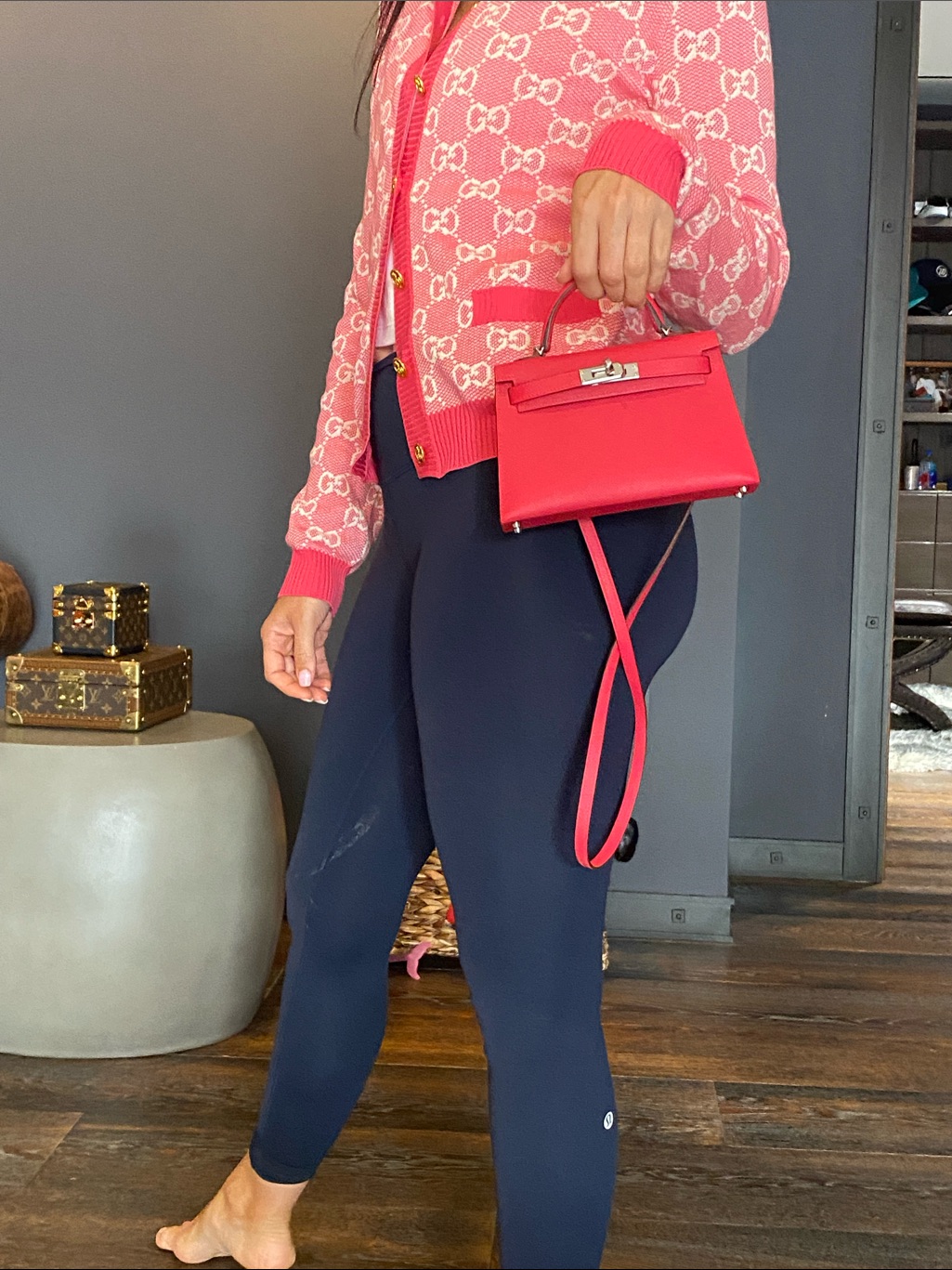 Gucci Pink & White Gg Monogram Knit Cardigan